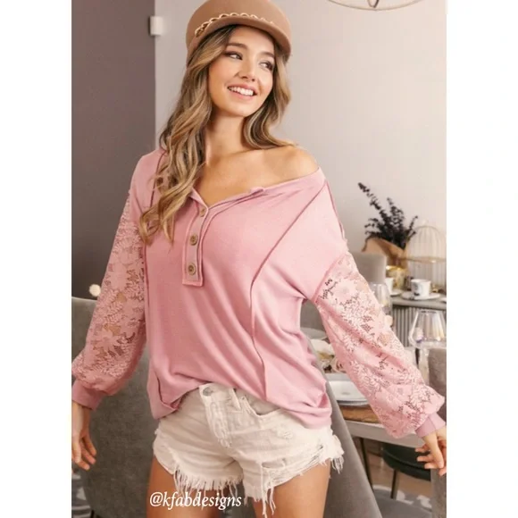 LAST! Button Henley Style Dusty Rose Floral Lace Sleeve Top! - Picture 4 of 13